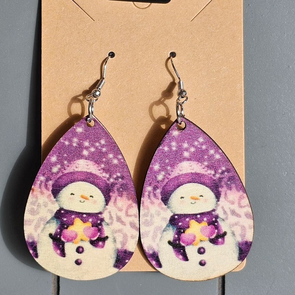 Snowman Christmas Teardrop Earrings Purple Winter Holiday Lightweight Jewelry
